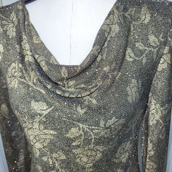 Alex Evenings Women’s Small Gold Metallic Floral Cowl Neck Stretch Top - Picture 3 of 6